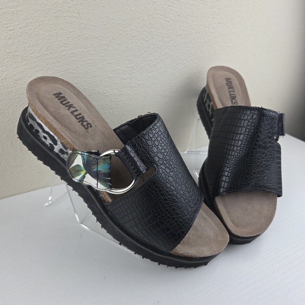 Muk Luks Sandals Size 9 Black Leopard Print Wedge Slides‎
